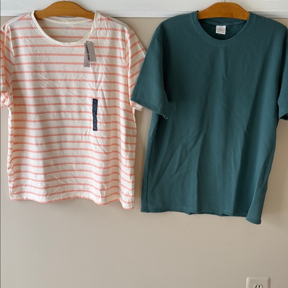 LANDS’ END Tops - Bundle of LANDS’ END Striped Women Short Sleeve Shirt & Green Waffle Knit Shirt